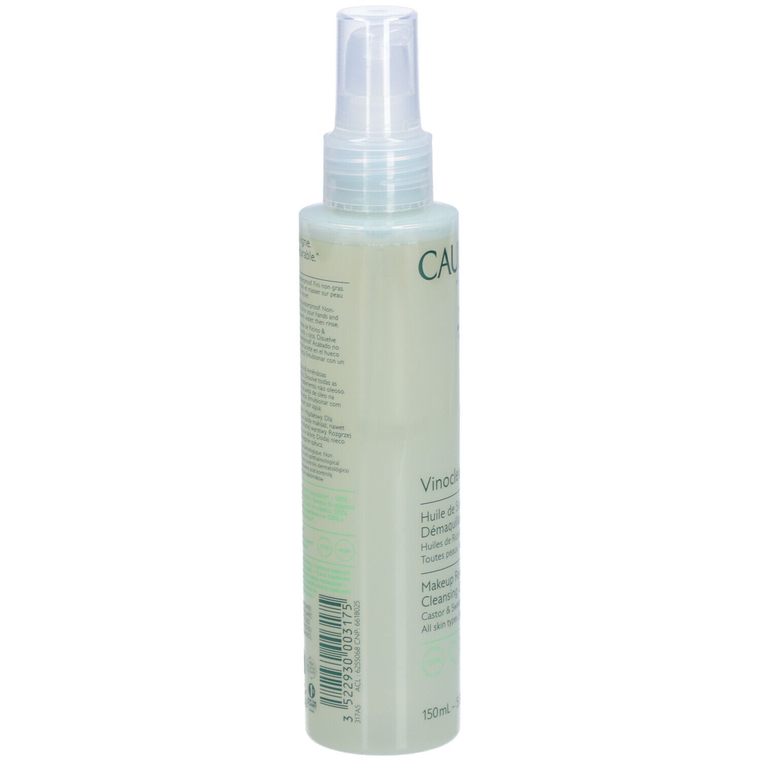 Caudalie Vinoclean Flasche, Rückseite. Text: Vinoclean, Makeup Removing Cleansing Oil. Mit Inhaltsangaben und Barcode. 150ml.