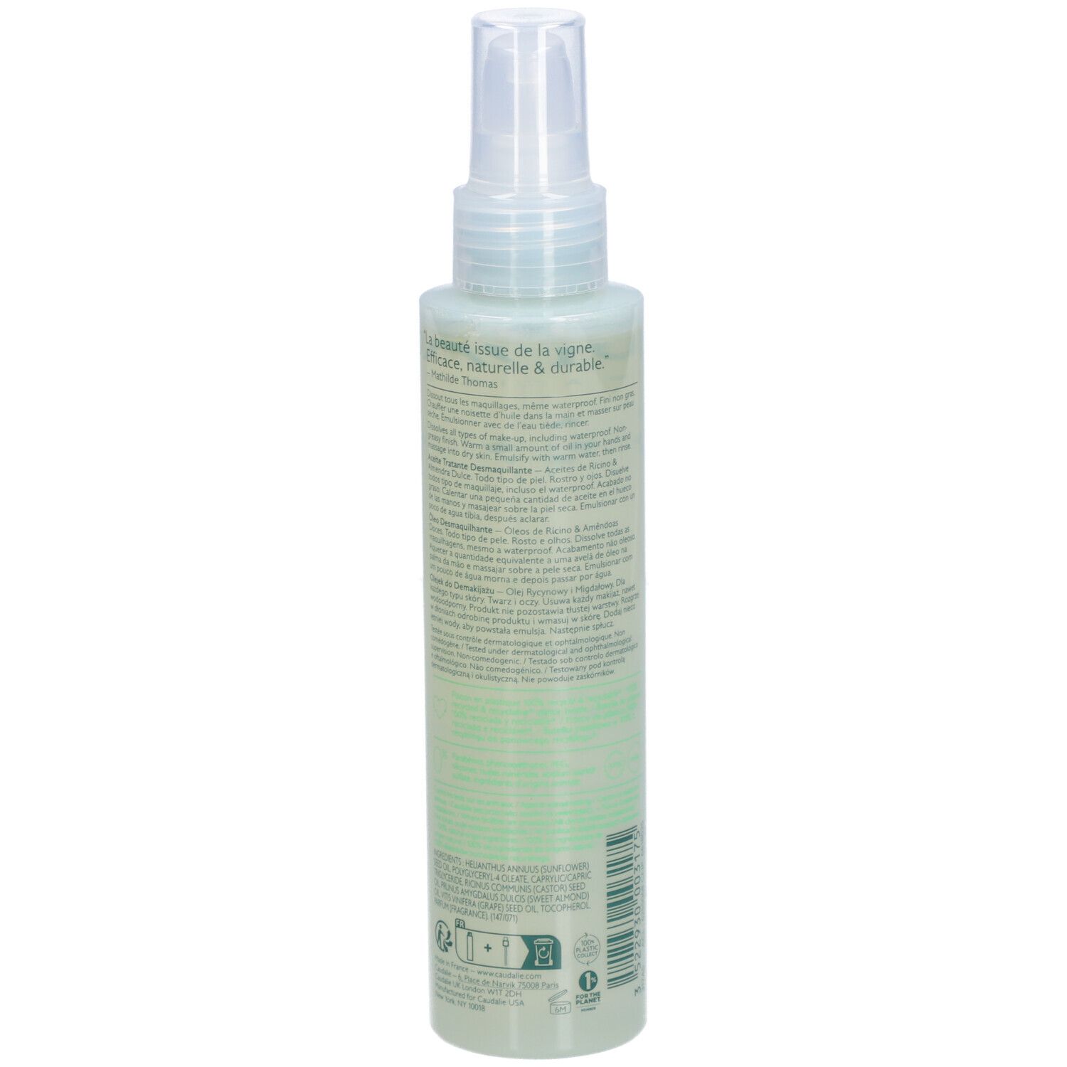 Rückseite Caudalie Vinoclean Flasche. Text: Vinoclean, Makeup Removing Cleansing Oil. Mit Inhaltsangaben und Logos. 150ml.