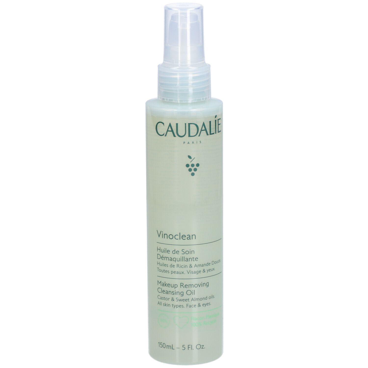 Caudalie Vinoclean Reinigungsöl Flasche. Mit Sprühkopf. Text: Vinoclean, Makeup Removing Cleansing Oil. 150ml.