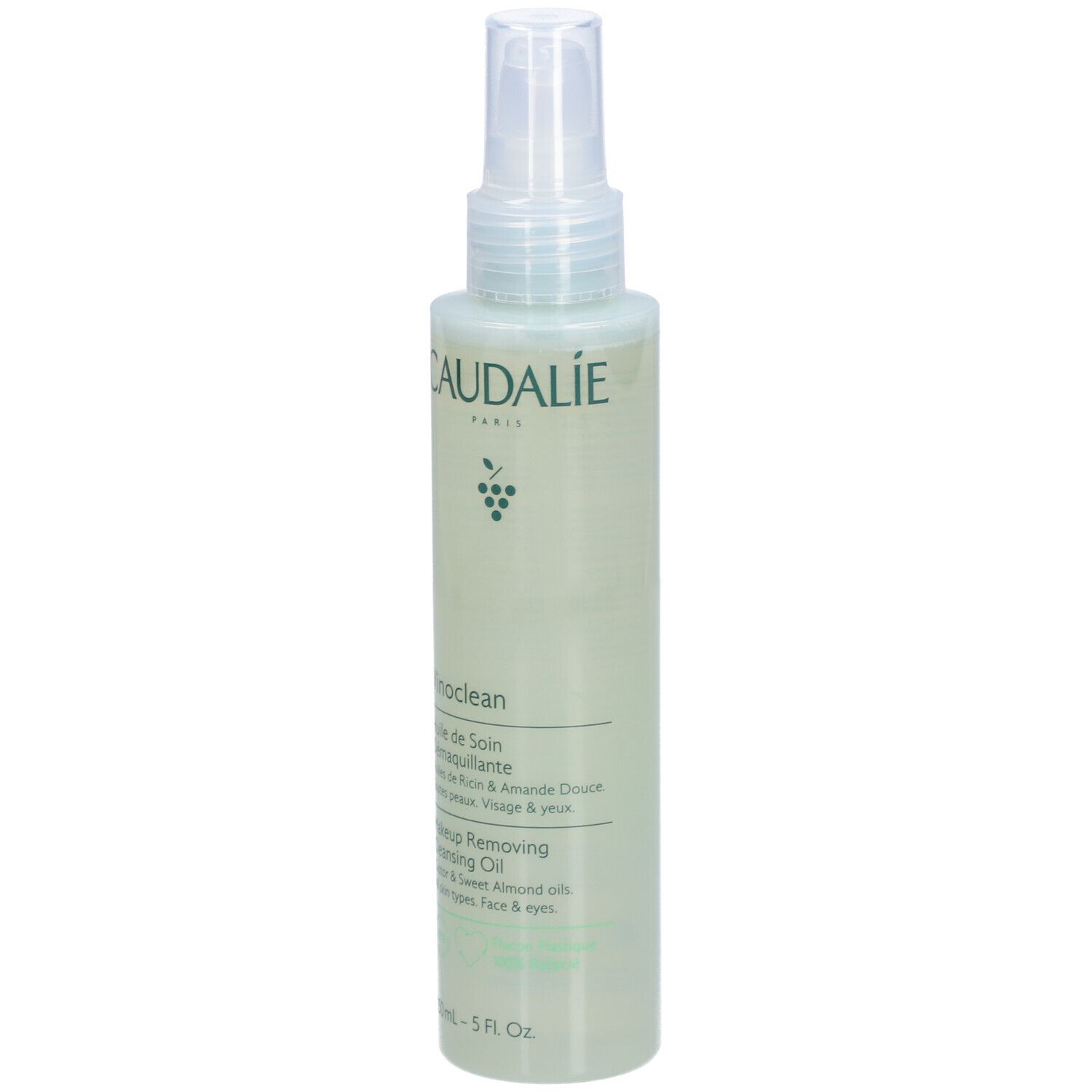 Caudalie Vinoclean Reinigungsöl Flasche. Mit Sprühkopf. Text: Vinoclean, Makeup Removing Cleansing Oil. 150ml.