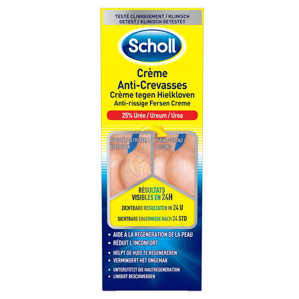Emballage Scholl® Crème Anti-Crevasses K+™. Logo et nom du produit visibles. Texte multilingue.