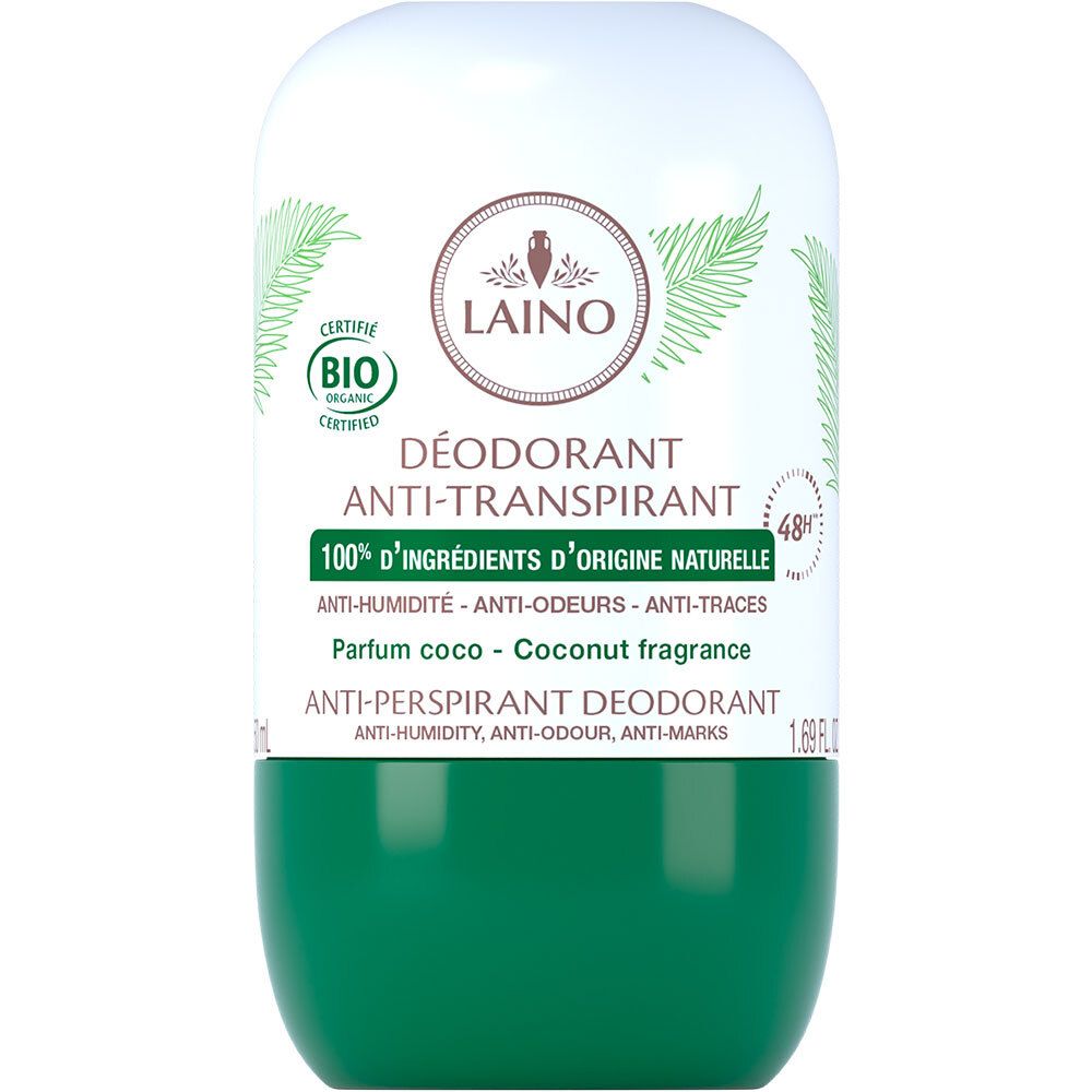 Witte en groene roll-on deodorant LAINO, biologisch gecertificeerd, anti-transpirant, kokosgeur. 48u bescherming.