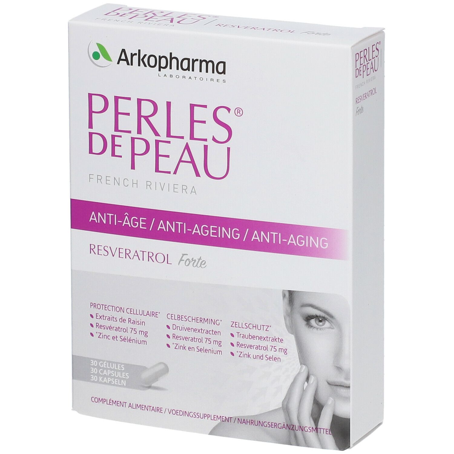 Boîte de PERLES DE PEAU® RESVERATROL FORTE. Carton blanc avec nom du produit et ingrédients. Visage de femme.