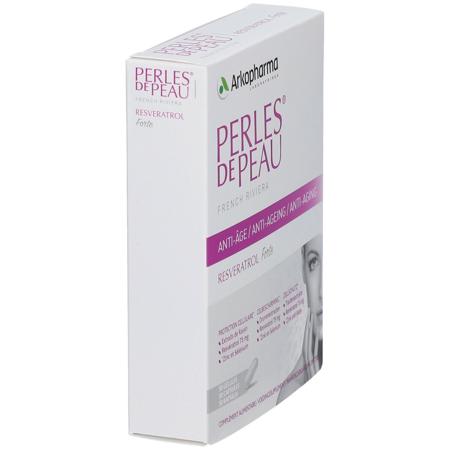 Boîte de PERLES DE PEAU® RESVERATROL FORTE. Carton blanc, en biais. Nom du produit et logo visibles.