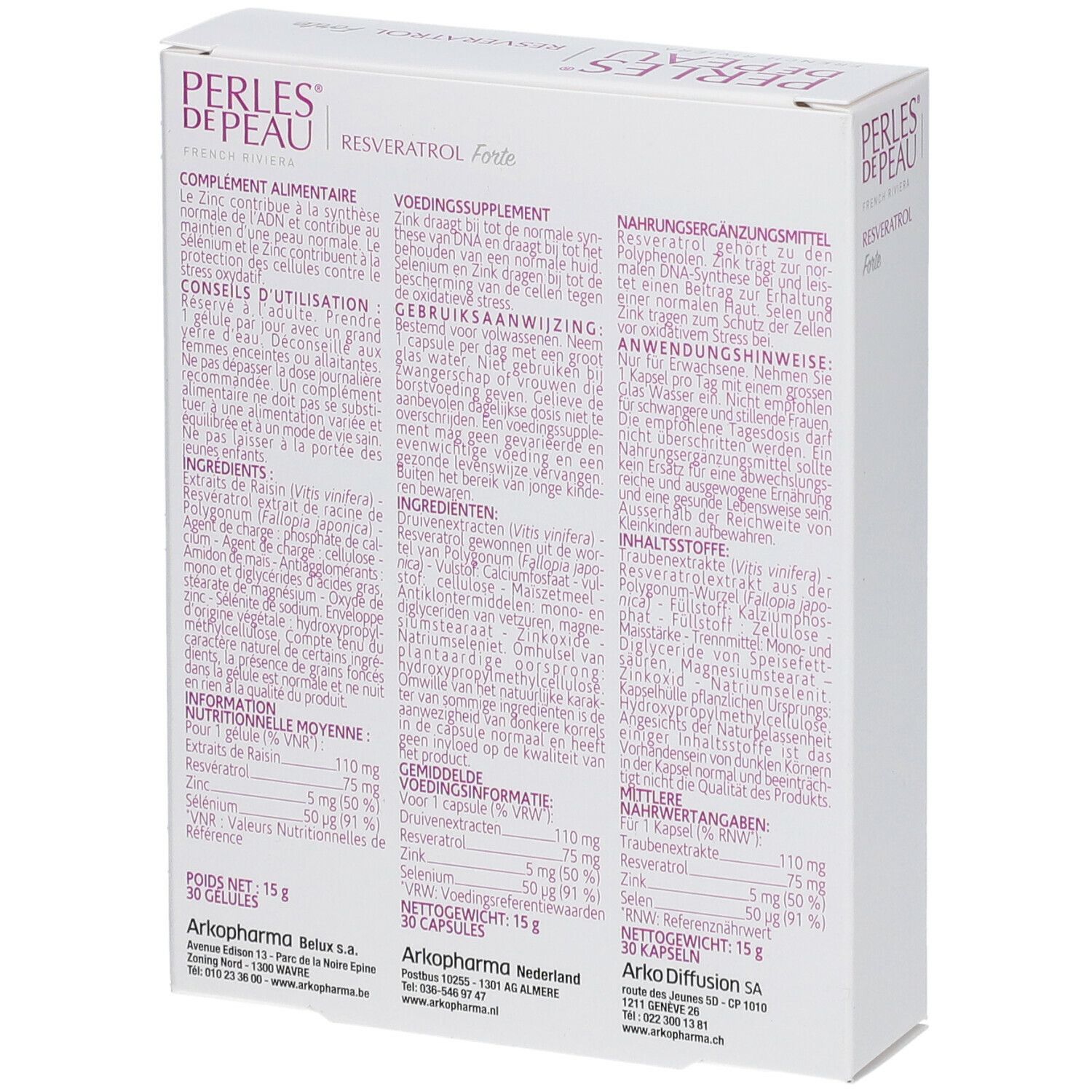 Dos de la boîte PERLES DE PEAU® RESVERATROL FORTE. Texte multilingue. Ingrédients et informations nutritionnelles.