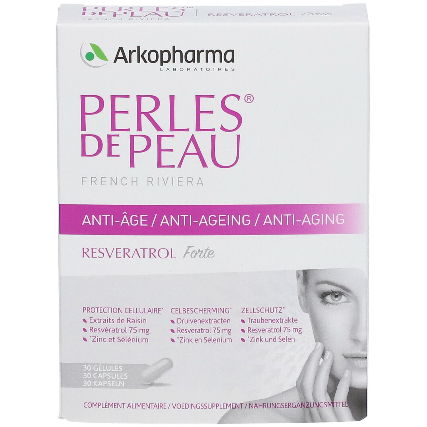 Boîte de PERLES DE PEAU® RESVERATROL FORTE. Carton blanc avec nom du produit et ingrédients. Visage de femme.