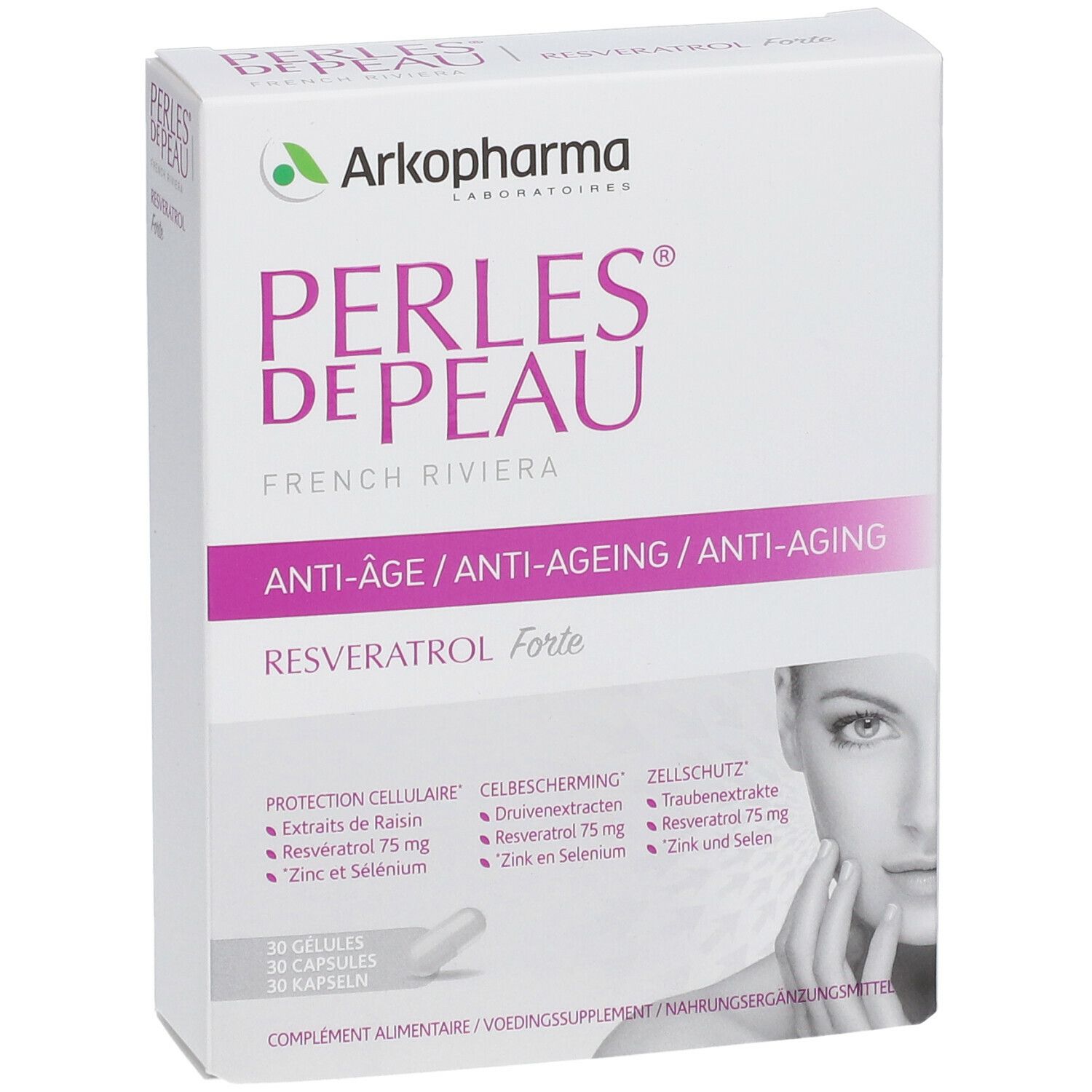 Boîte de PERLES DE PEAU® RESVERATROL FORTE. Carton blanc avec nom du produit et ingrédients. Visage de femme.