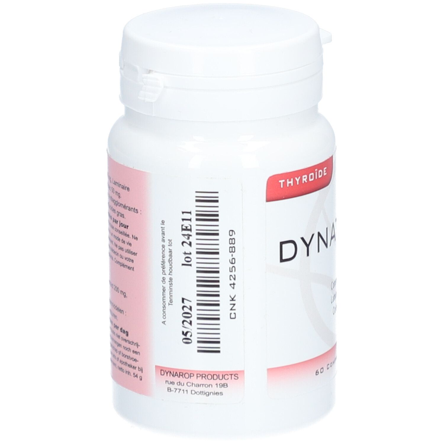 Witte tablettenfles met rood etiket. Opschrift: DYNATHYROX, Thyroïde. Achterkant met tekst en lotnummer.