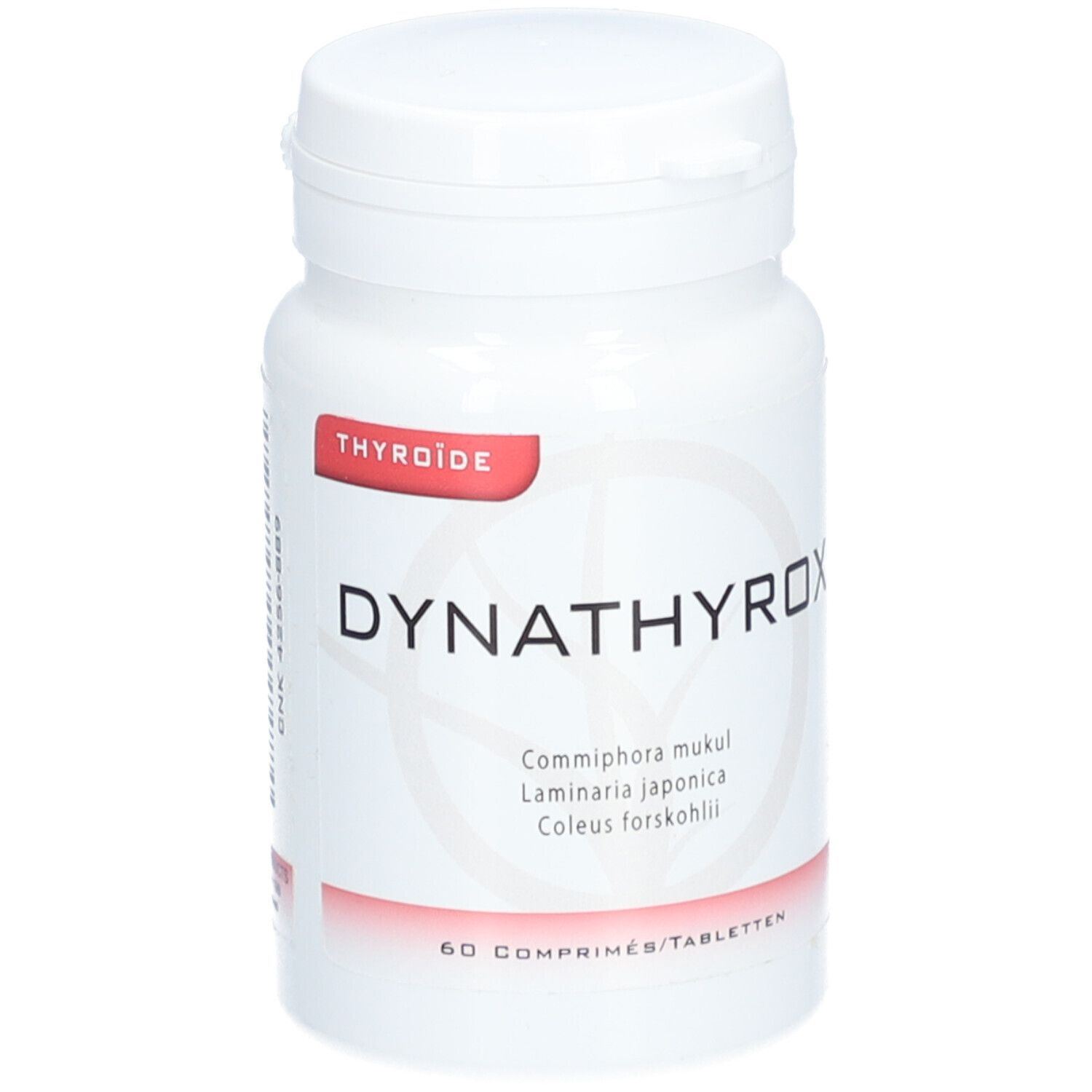 Witte tablettenfles met rood etiket. Opschrift: DYNATHYROX, Thyroïde. Bevat 60 tabletten.