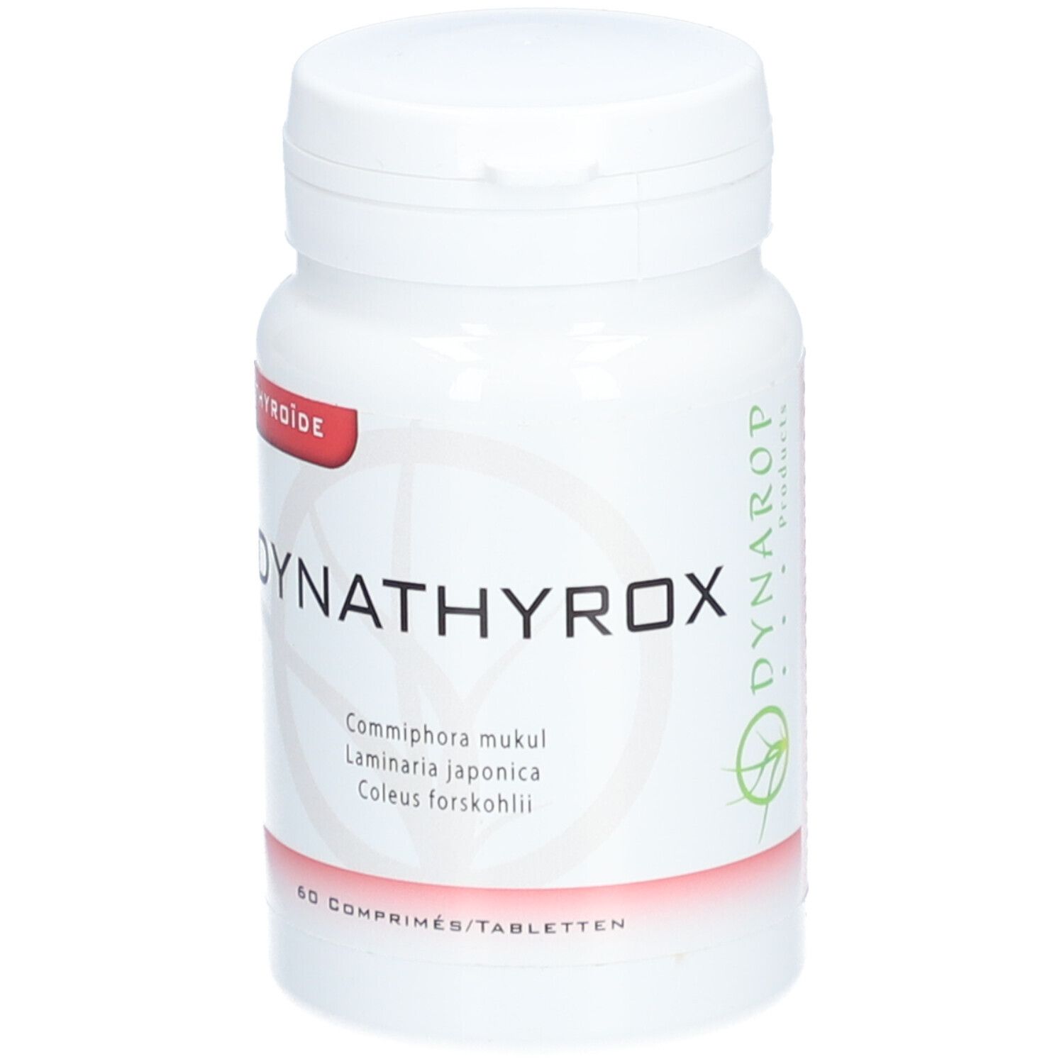 Witte tablettenfles met rood etiket. Opschrift: DYNATHYROX, Thyroïde. Logo en 60 tabletten.