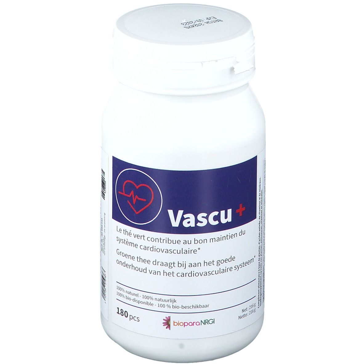 Witte fles met blauw etiket. Opschrift: Vascu+. Bevat 180 tabletten. BioparaNRGi.