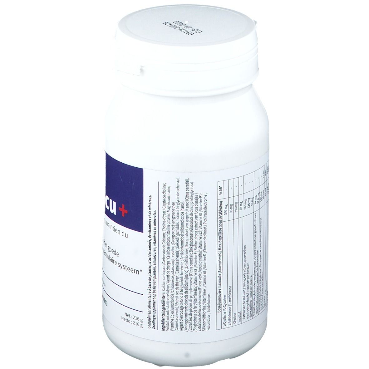 Witte fles met etiket. Ingrediëntenlijst en voedingswaarde-informatie. Opschrift: Vascu+.