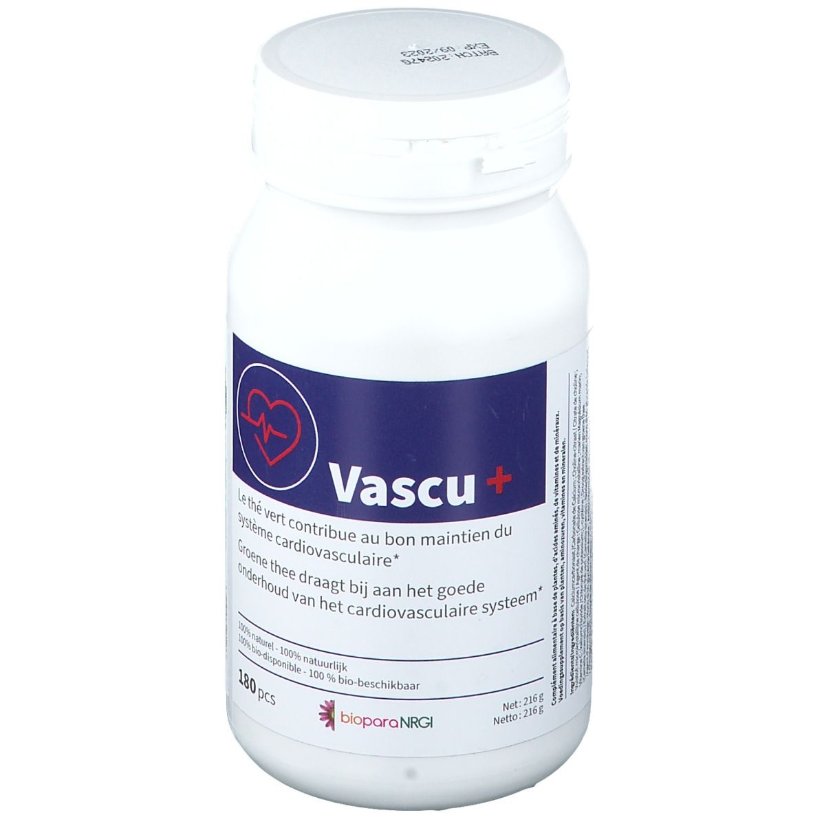 Witte fles met blauw etiket. Opschrift: Vascu+. Bevat 180 tabletten. BioparaNRGi.
