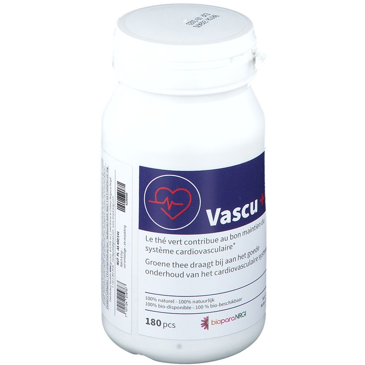 Witte fles met blauw etiket. Opschrift: Vascu+. Bevat 180 tabletten. BioparaNRGi.