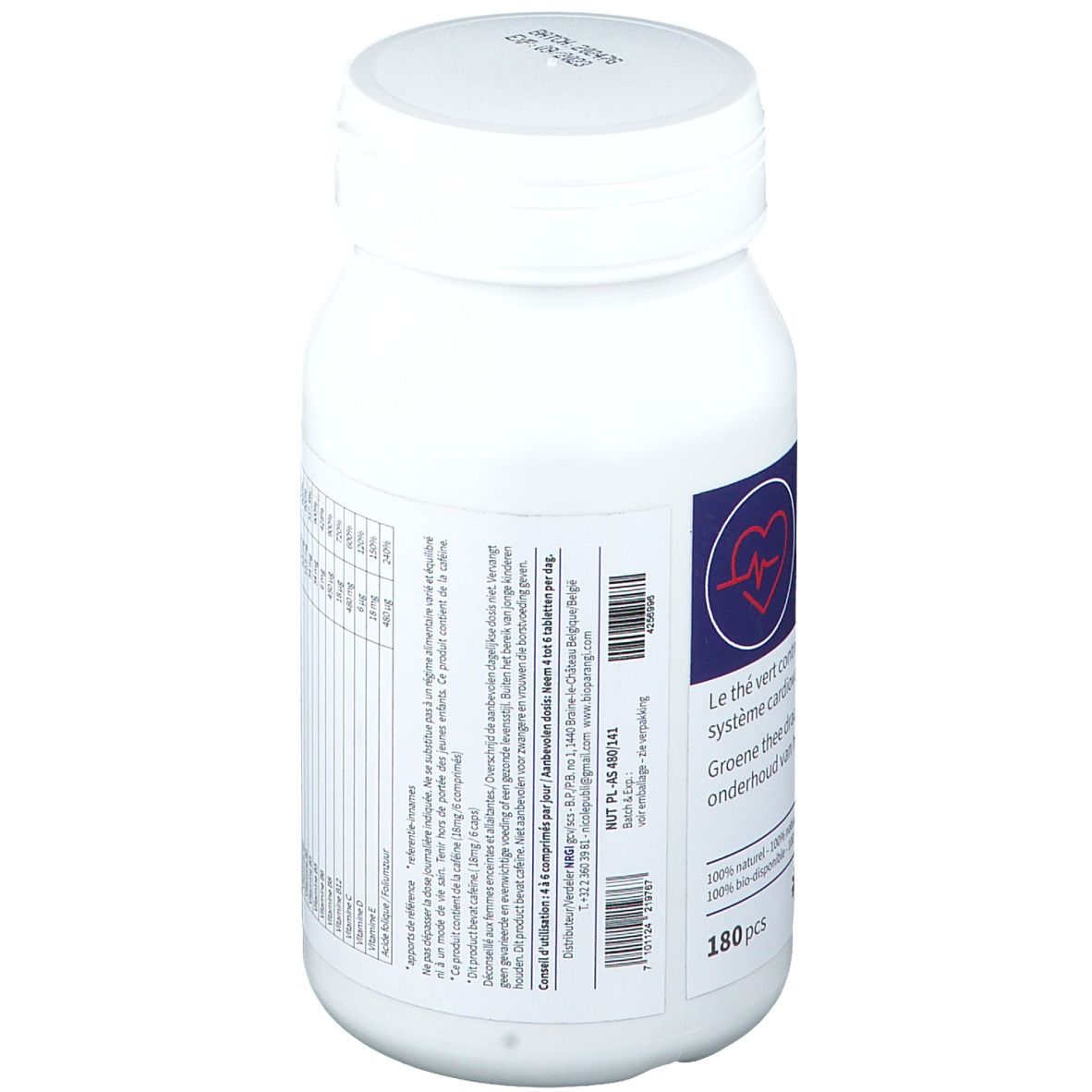 Witte fles met etiket. Ingrediëntenlijst en voedingswaarde-informatie. Opschrift: Vascu+.