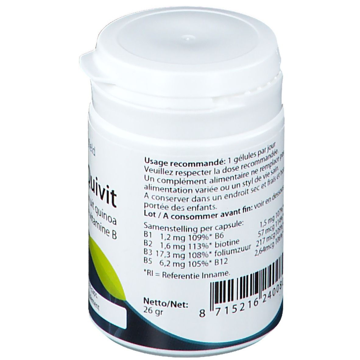 Achterkant witte pot met voedingsinformatie en barcode. Bevat info over vitaminen B1, B2, B3, B5, B12 en biotine.