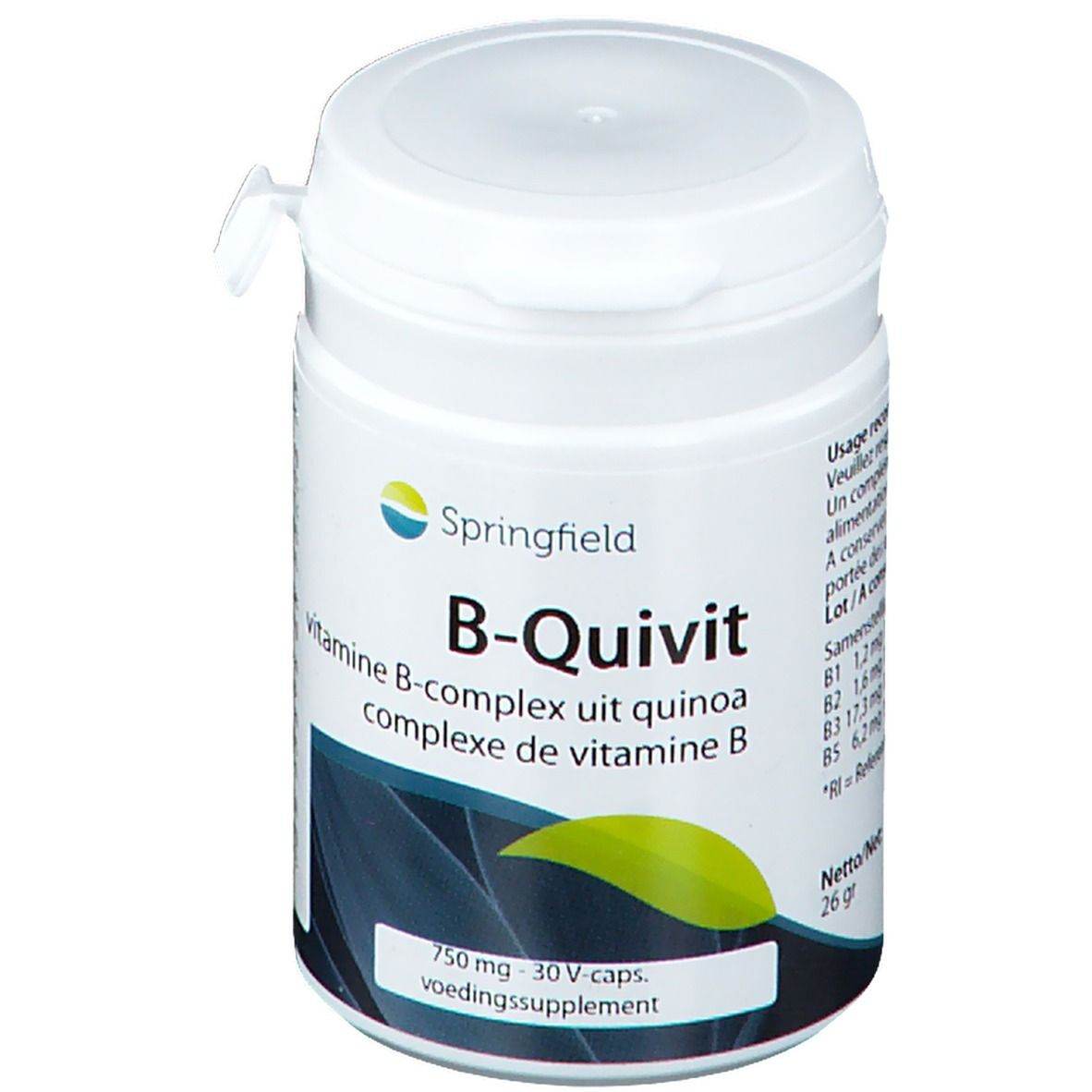 Witte pot Springfield B-Quivit vitamine B-complex. Opschrift: 750 mg - 30 V-caps. Groen blad ontwerp.