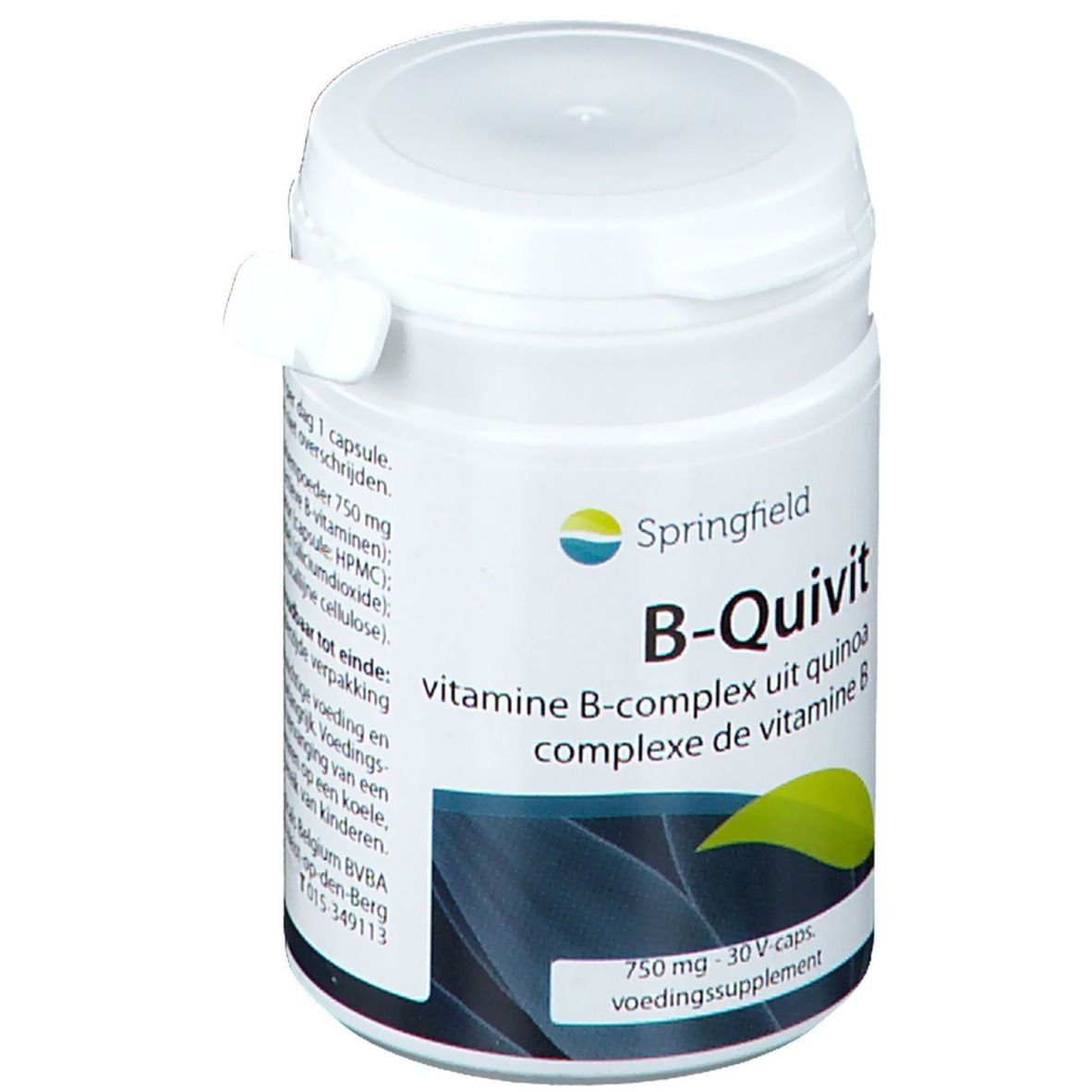 Witte pot Springfield B-Quivit vitamine B-complex. Opschrift: 750 mg - 30 V-caps. Groen blad ontwerp.