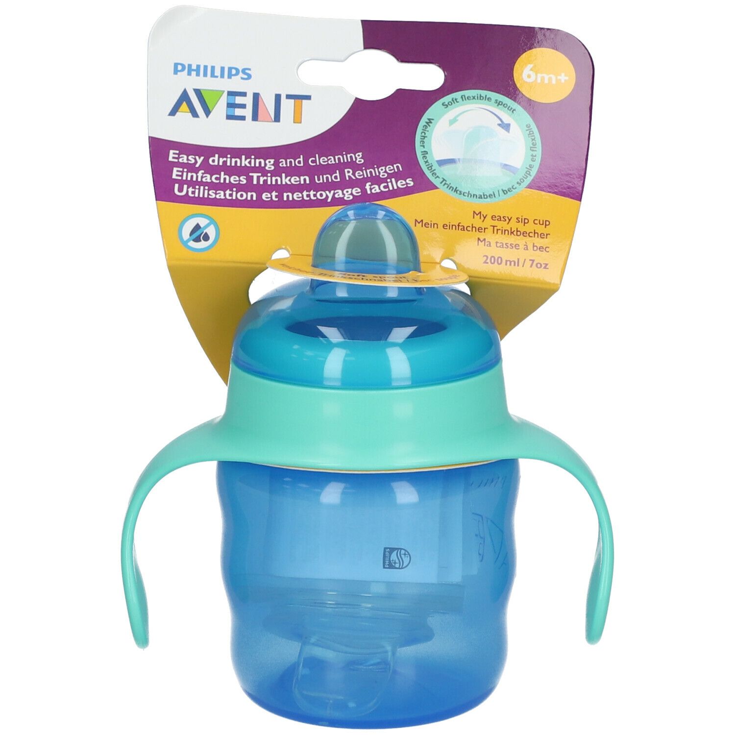 Gobelet Philips Avent bleu avec bec, poignées et emballage. Impression 6m+.
