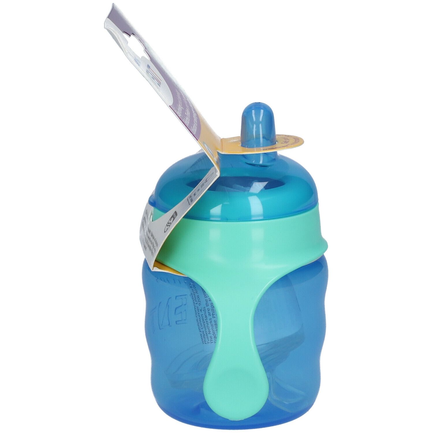 Gobelet Philips Avent bleu avec bec et poignée, avec emballage. Vue latérale.