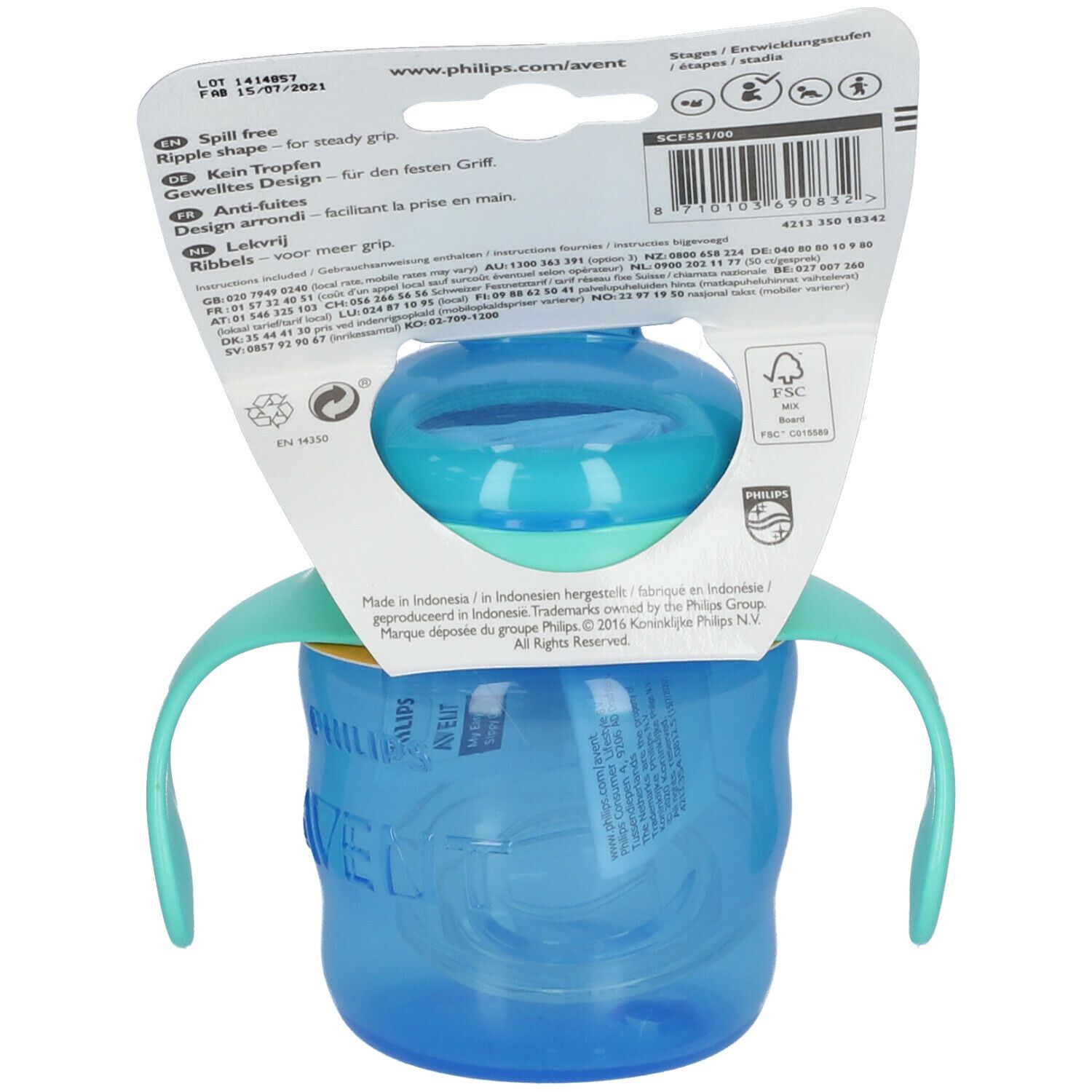 Dos du gobelet Philips Avent bleu avec bec et emballage. Texte et logos.