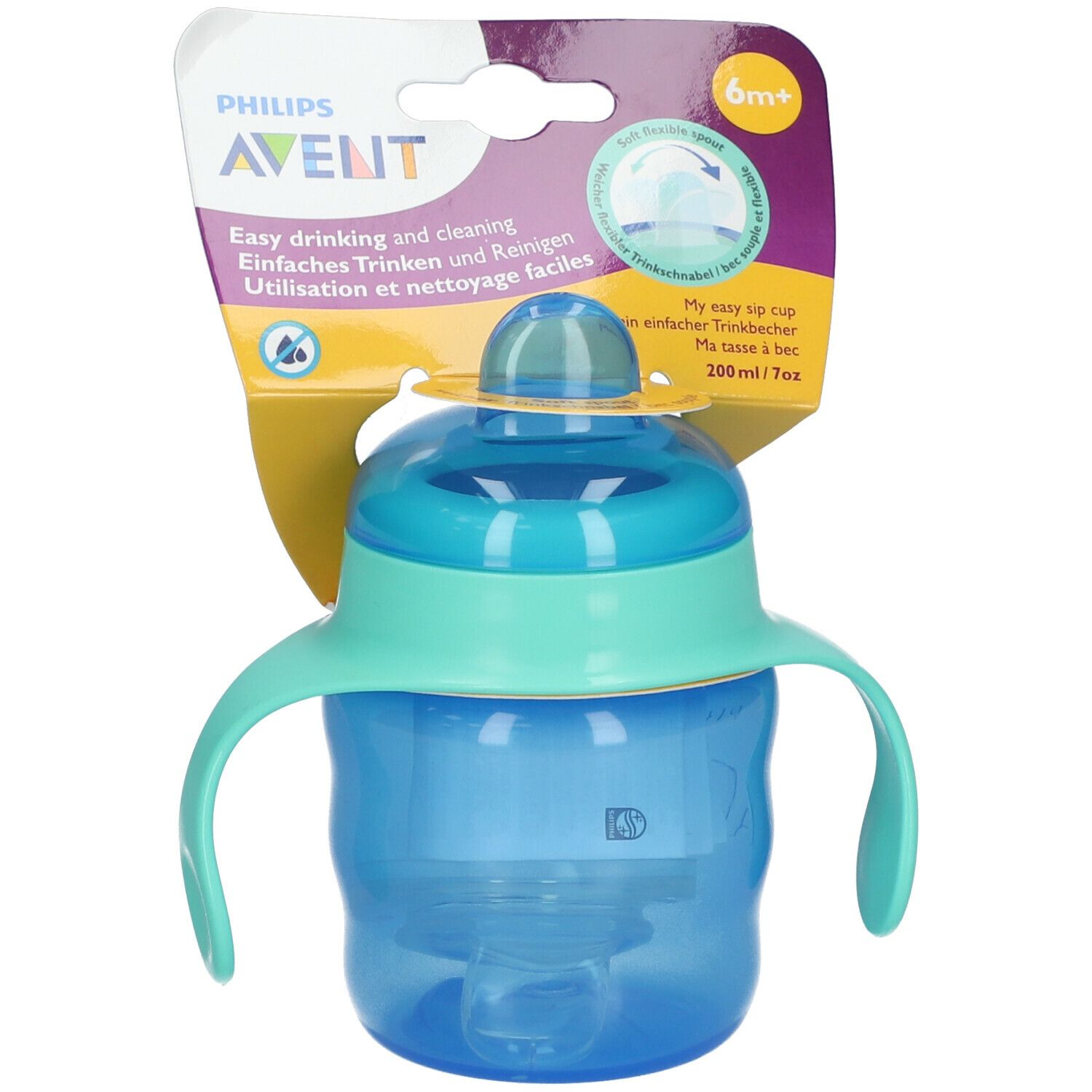 Gobelet Philips Avent bleu avec bec, poignées et emballage. Impression 6m+.