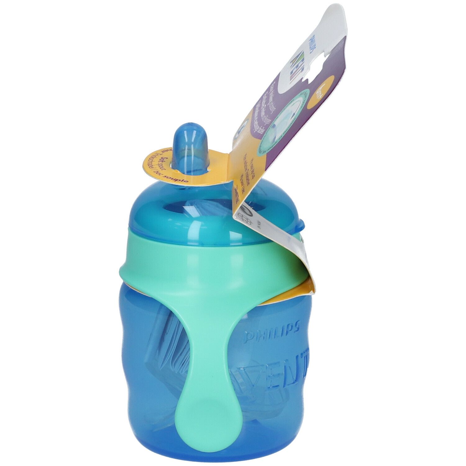 Gobelet Philips Avent bleu avec bec et poignée, avec emballage. Vue latérale.