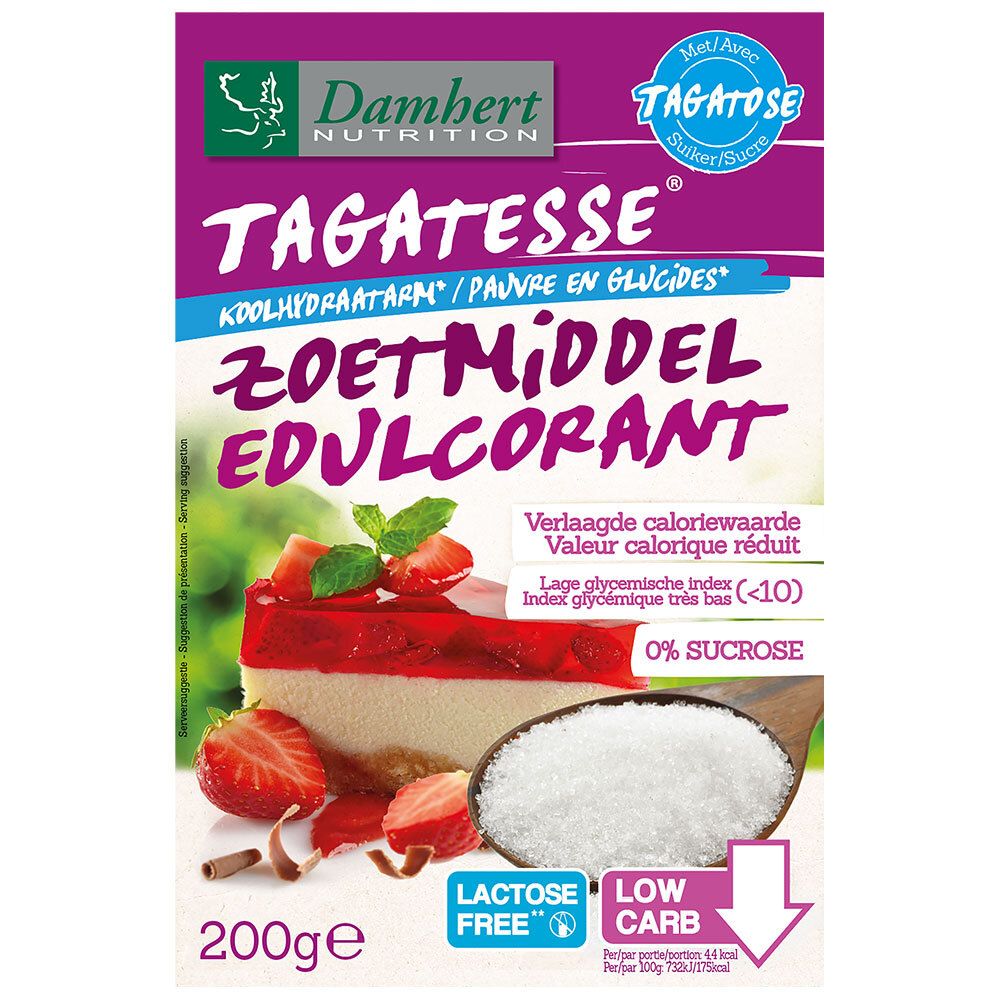 Emballage de Damhert Tagatesse Tafelsüße. Contient 200g. Avec mentions 'Lactose Free' et 'Low Carb'.