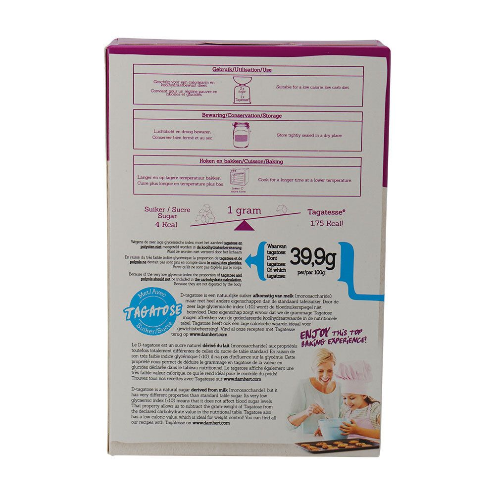 Dos de l'emballage Damhert Tagatesse Tafelsüße. Contient des informations de préparation et nutritionnelles.