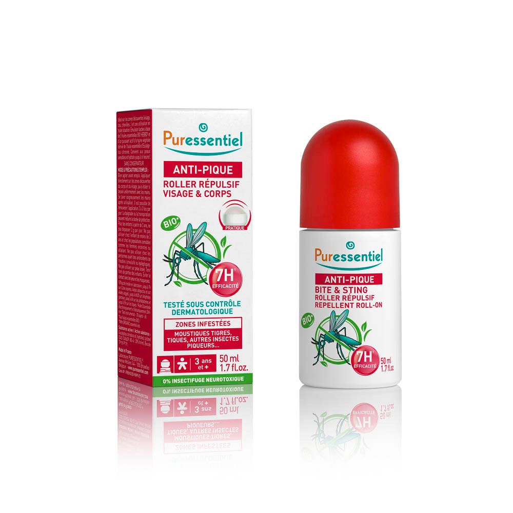 Weißer Roller mit rotem Deckel. PURESSENTIEL Anti-Pique Roller. Verpackung mit Produktinformationen.