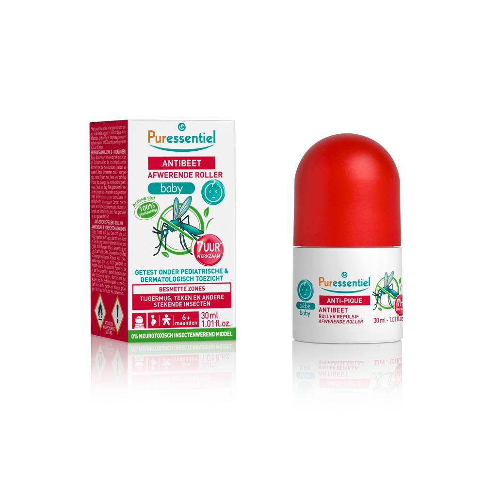 Puressentiel Anti-Zecke Baby Roller. Witte en rode roller en doos met productinformatie en logo.