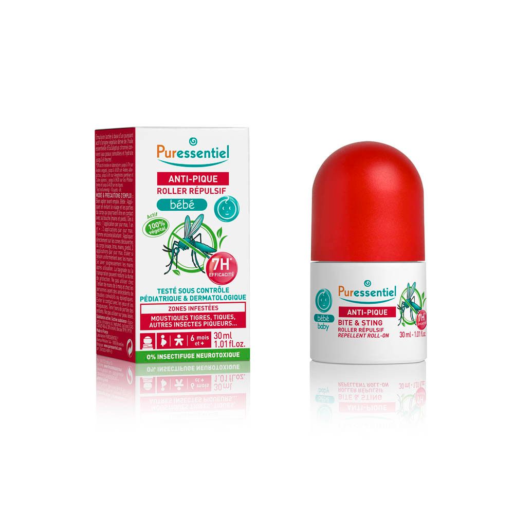Puressentiel Anti-Zecke Baby Roller. Witte en rode roller en doos met productinformatie en logo.