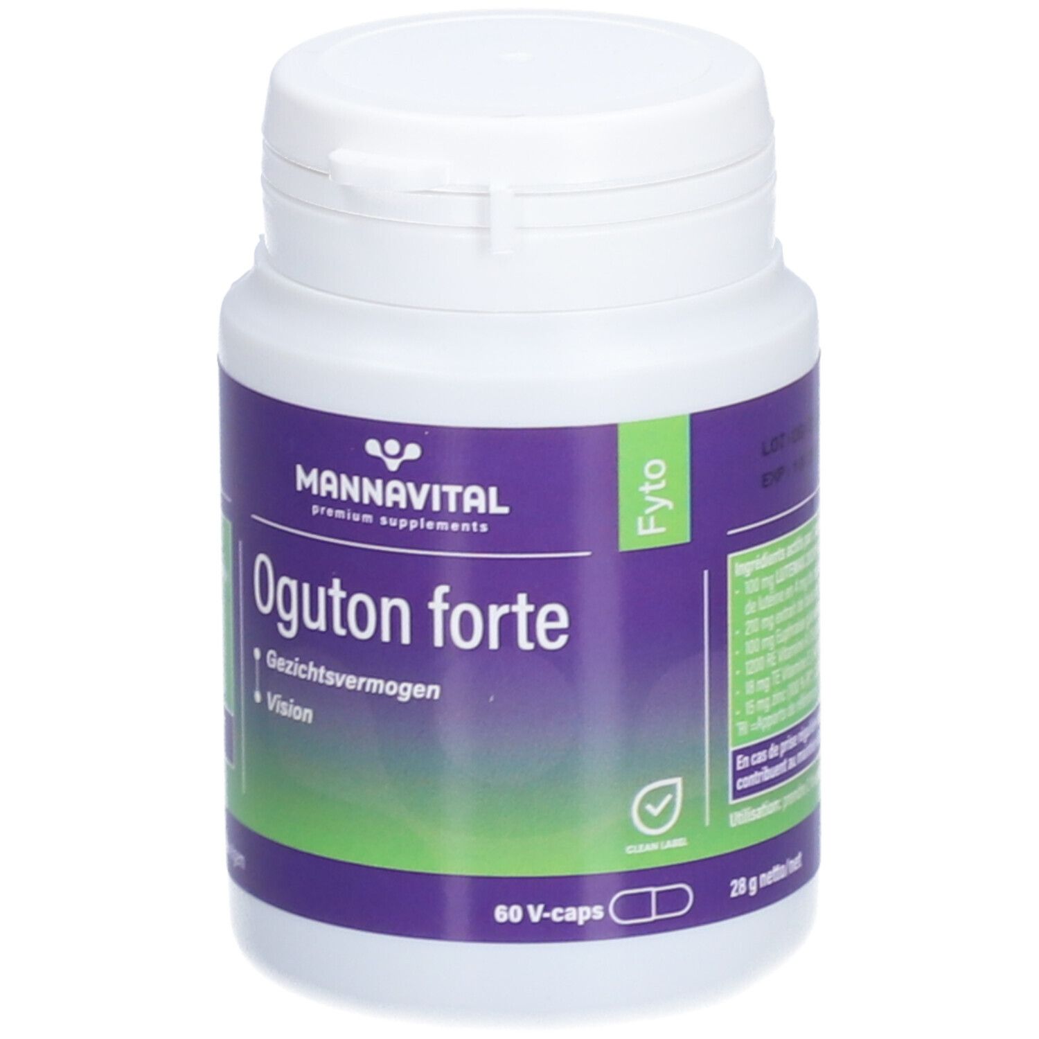 Witte fles met paars etiket. Opschrift: Mannavital Oguton forte, 60 V-caps. Groen-witte capsule-afbeelding.