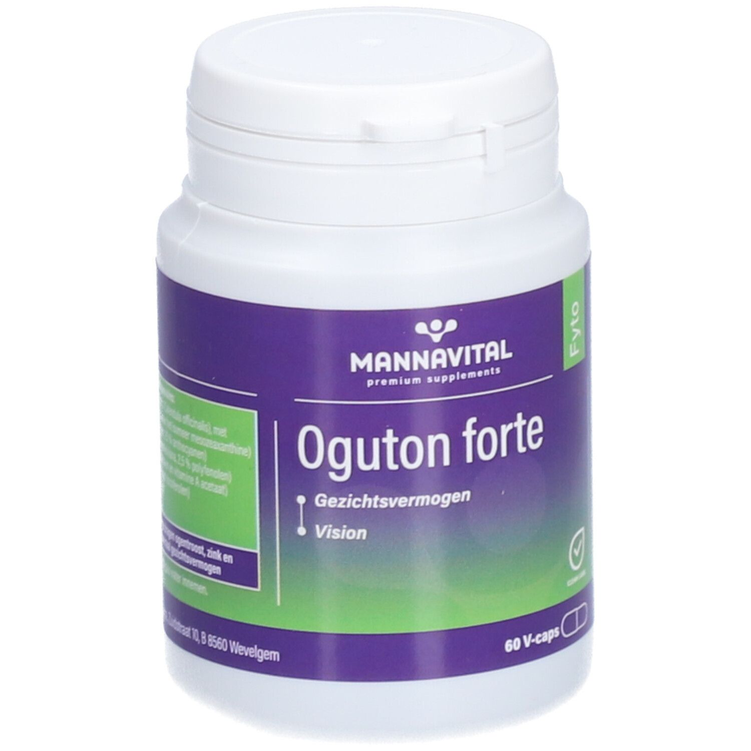 Witte fles met paars etiket. Opschrift: Mannavital Oguton forte, 60 V-caps. Groen-witte capsule-afbeelding.