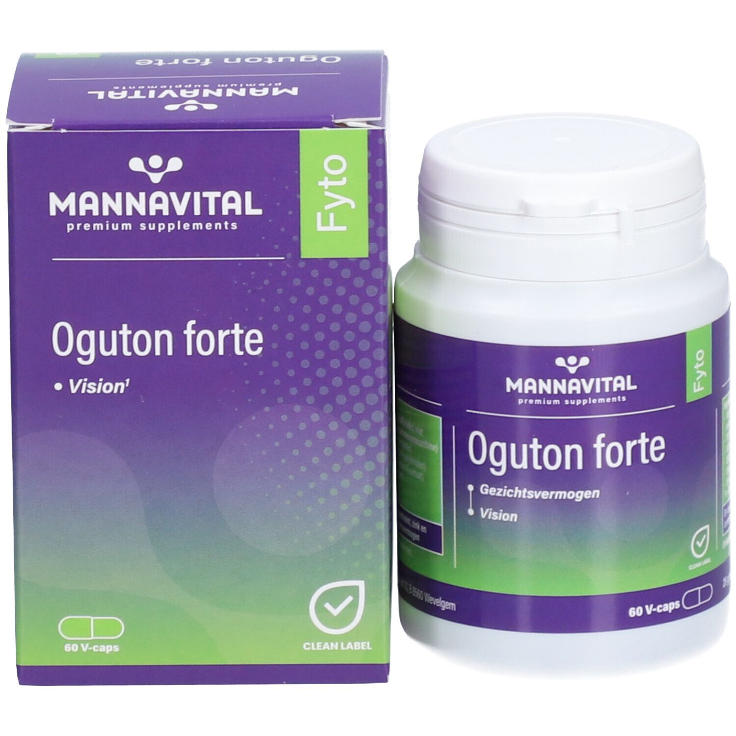 Productverpakking met fles en doos. Opschrift: Mannavital Oguton forte, 60 V-caps. Groen-witte capsule-afbeelding.