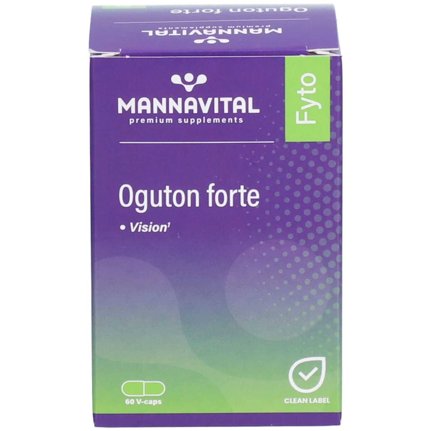 Productverpakking. Opschrift: Mannavital Oguton forte, 60 V-caps. Groen-witte capsule-afbeelding.
