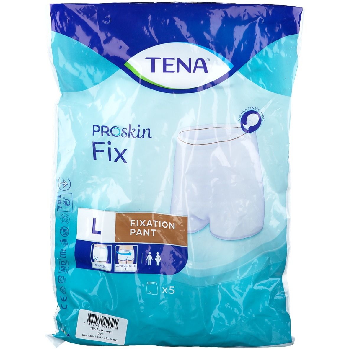 Verpakking TENA ProSkin Fix Large. Opschrift: ProSkin Fix, L, Fixation Pant, x5. Productafbeelding.