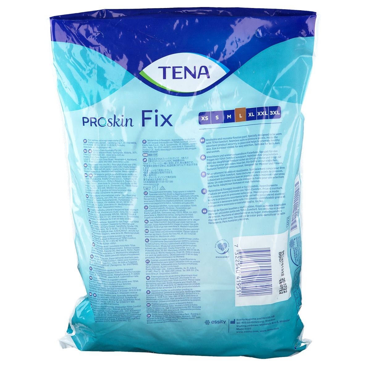 Achterkant verpakking TENA ProSkin Fix. Maten: XS, S, M, L, XL, XXL, 3XL. Tekst in meerdere talen.