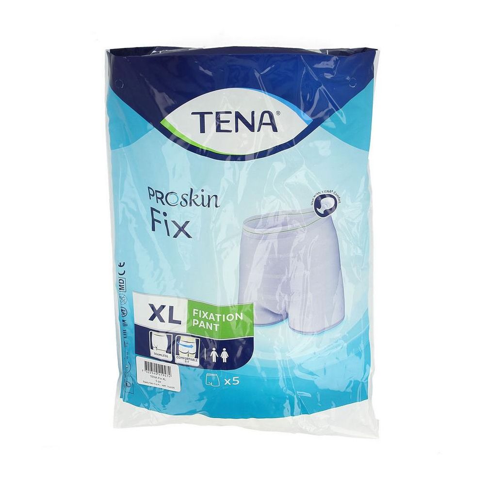 Verpakking van TENA ProSkin Fix XL fixatiebroekjes. Blauwe verpakking met productafbeelding en logo. Bevat 5 stuks.