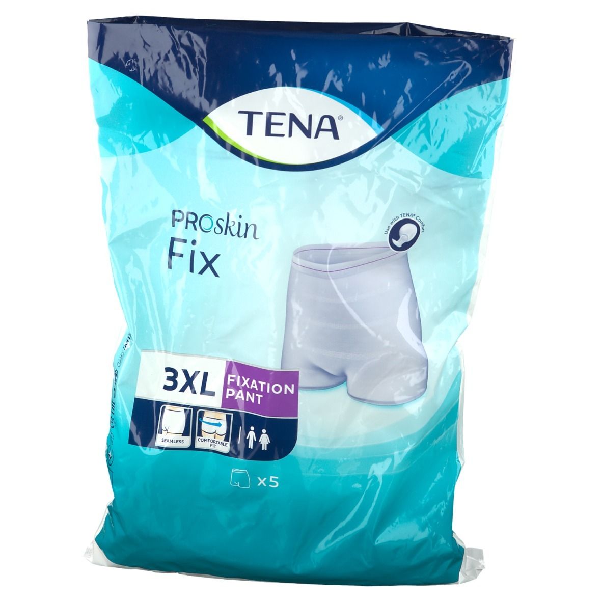Verpakking TENA ProSkin Fix 3XL fixatiebroekjes. Illustratie van een broekje. Inhoud: 5 stuks.