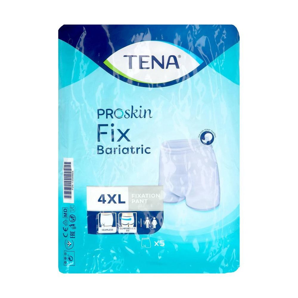 Verpakking van TENA ProSkin Fix fixatiebroekjes. Maat 4XL, bariatrisch. Bevat vijf stuks. Merk, productnaam en maat zijn zichtbaar.