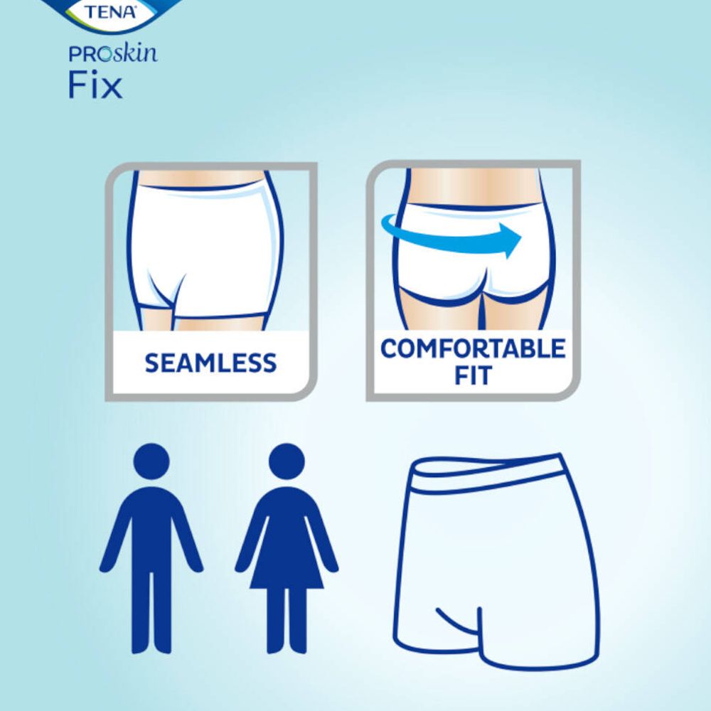 Illustrationen von TENA Proskin Fix. Nahtlose Passform, bequeme Passform. Piktogramme: Mann, Frau, Fixierhose.