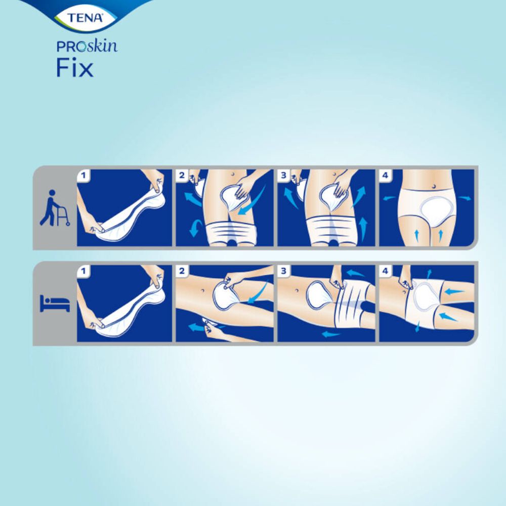 Anwendungsbeispiele von TENA Proskin Fix. Illustrationen zeigen die Anwendungsschritte für stehende und liegende Position.