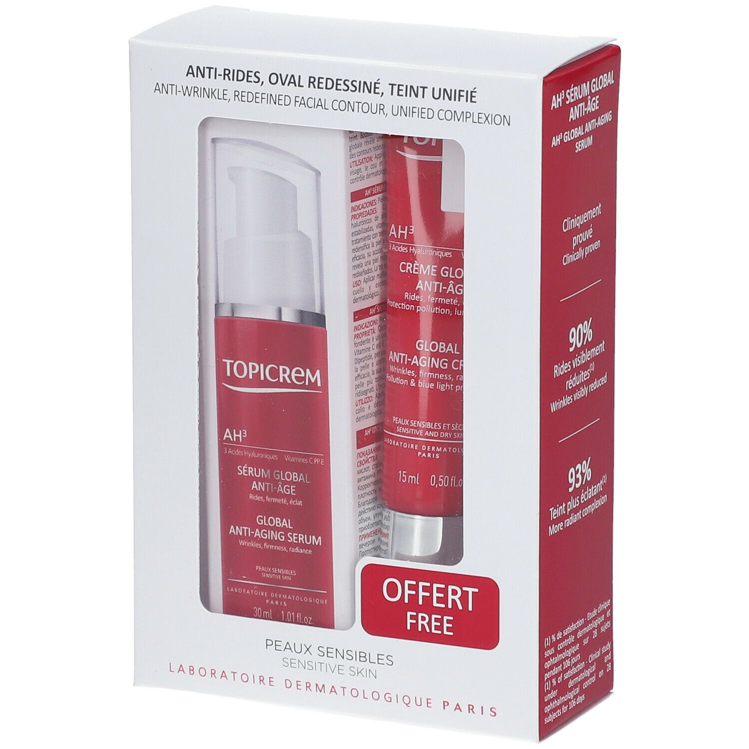 Coffret cadeau Topicrem. Contient sérum et crème anti-âge. Emballage rouge et blanc. Inscriptions : AH3, Global Anti-Aging, Offert Free.