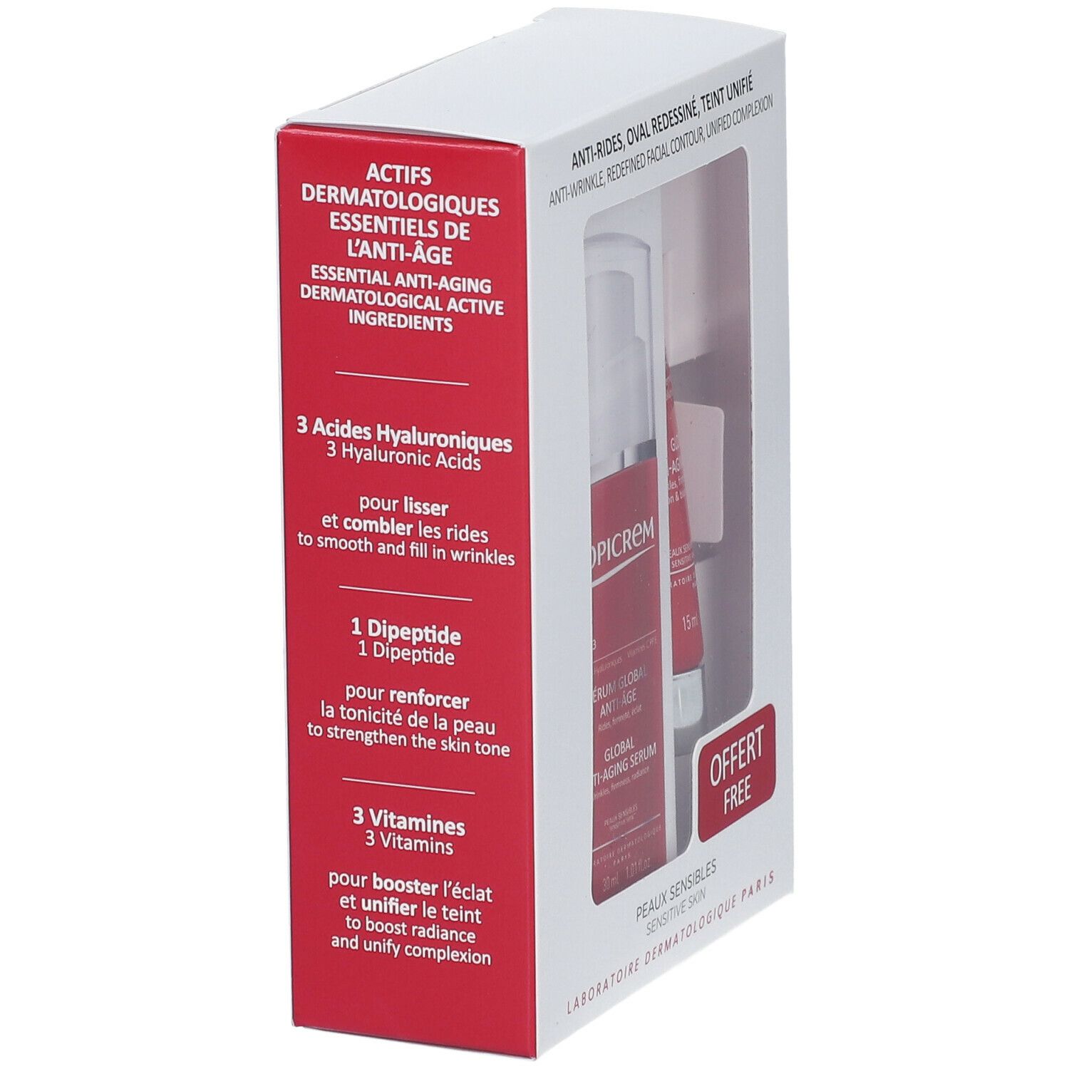 Emballage Topicrem. Contient deux produits. Inscriptions : AH3, Global Anti-Aging. Contient acide hyaluronique, dipeptide, vitamines. Emballage rouge et blanc.