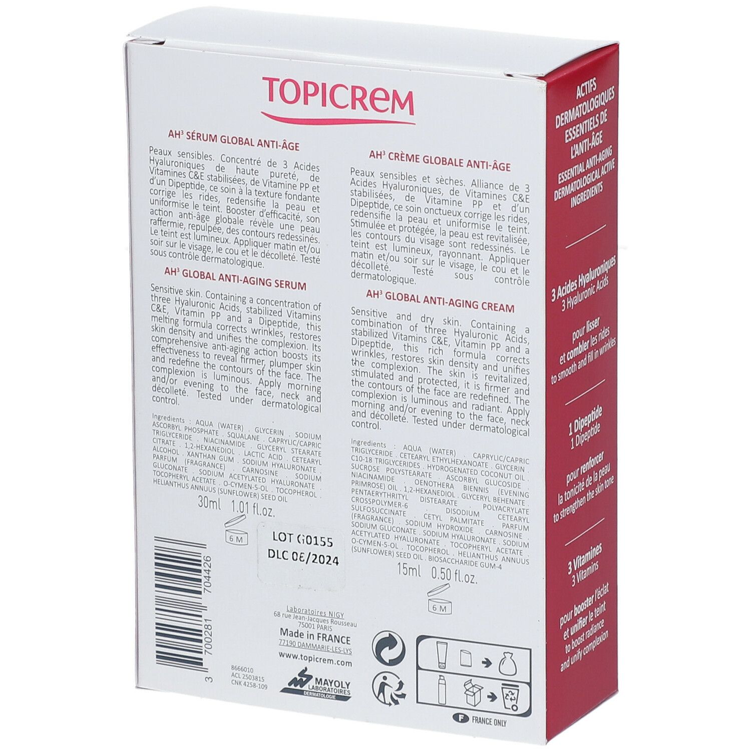 Dos de l'emballage. Inscriptions : Topicrem, AH3, Global Anti-Aging. Ingrédients et instructions d'utilisation. Contient sérum et crème.
