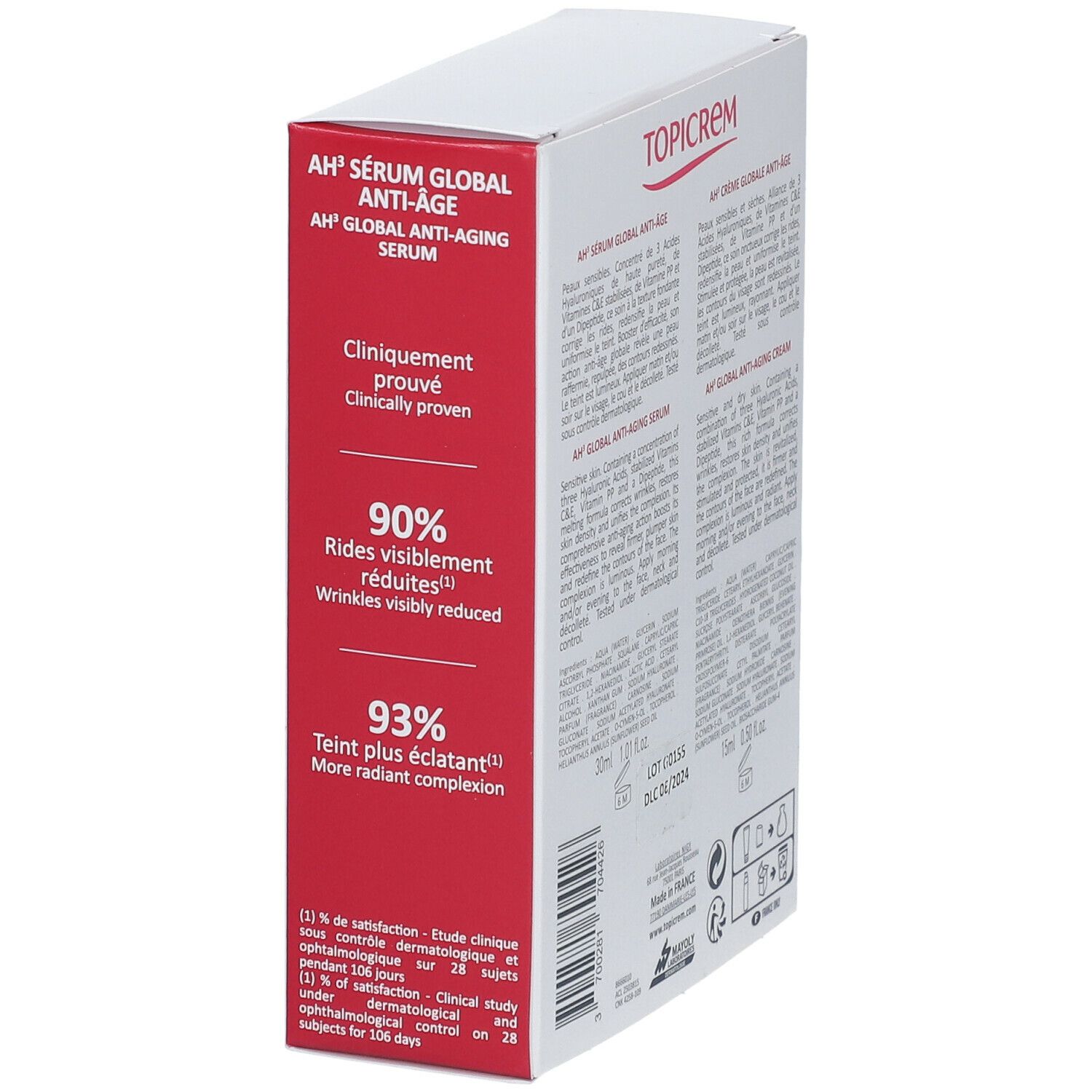 Emballage Topicrem. Inscriptions : AH3, Global Anti-Aging. Cliniquement prouvé. 90% rides réduites. 93% teint plus éclatant.