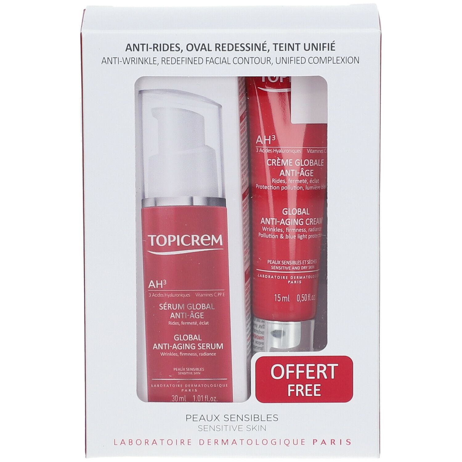 Coffret cadeau Topicrem. Contient sérum et crème anti-âge. Emballage rouge et blanc. Inscriptions : AH3, Global Anti-Aging, Offert Free.