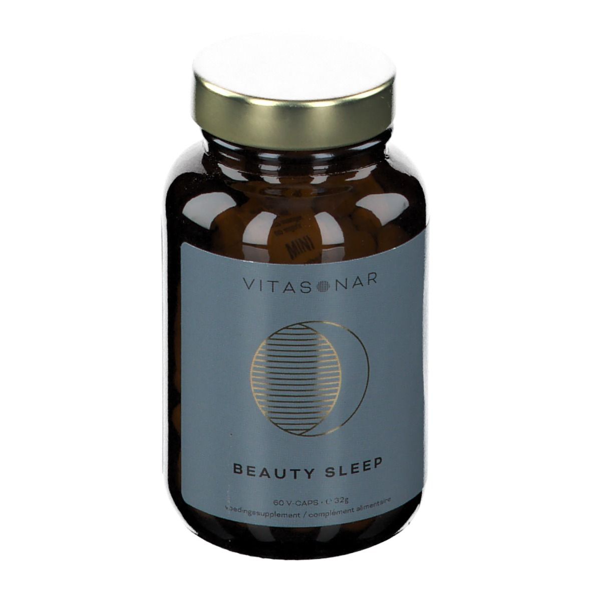 Bruine glazen fles met capsules. Etiket met "VITASONAR" en "BEAUTY SLEEP". Gouden dop.
