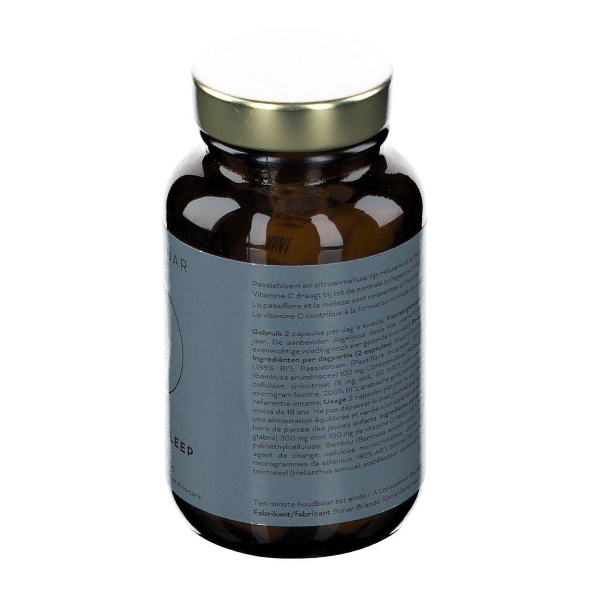 Achterkant van de bruine glazen fles met capsules. Tekst op etiket. Gouden dop.